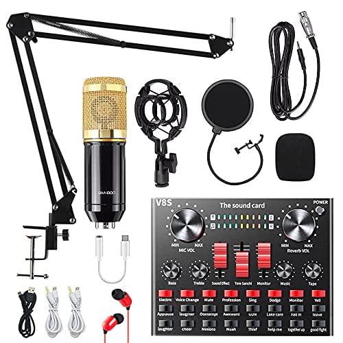 Condenser Microphone Bundle with Live Sound Card,Adjustable Boom Arm Stand,Shock Mount,Pop Filter,Studio Equipment for Live Streaming,Recording,Gaming,Broadcasting,Compatible with Windows PC IOS Gold 
